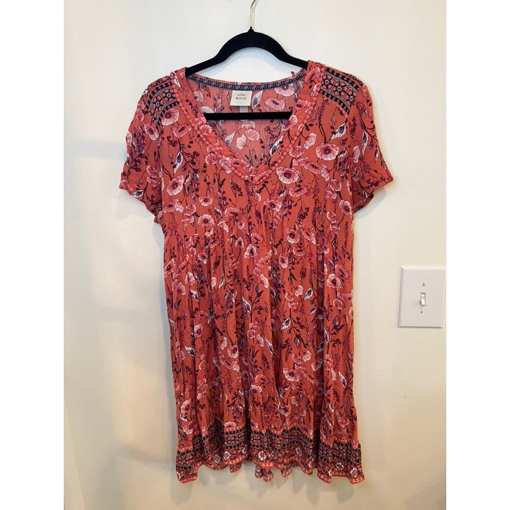 Knox Rose Floral Boho Mini Dress Coral Pink Short Sleeve Size Medium